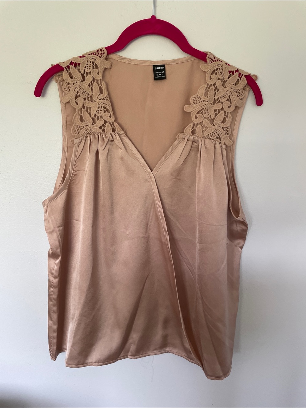 SHEIN Nude Satin V-Neck Tank with Crochet Lace Shoulders